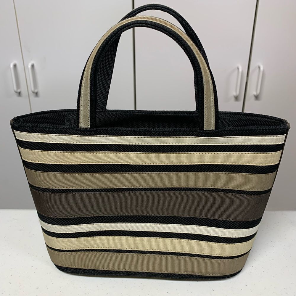 DKNY Striped Canvas Tote Bag Tan Brown Cream Black Large Handbag